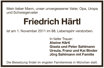 Traueranzeige von Friedrich Härtl  von Pegnitz-Zeitung
